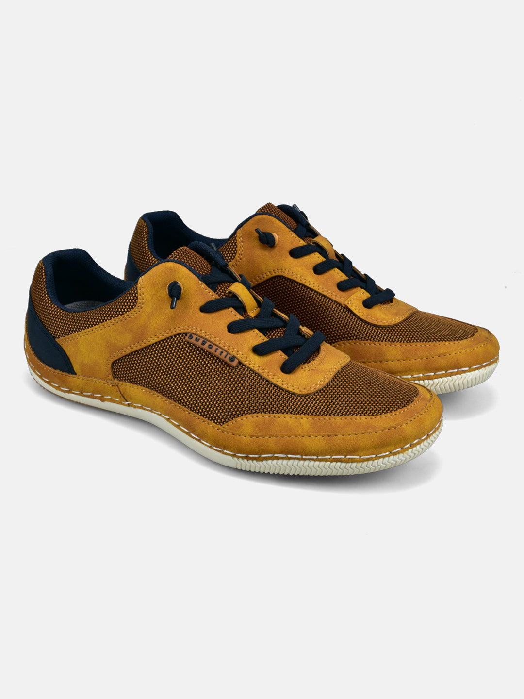 A yellow Men's bugatti Sneakers featuring a round plain toe, zero heels heel. Made from synthetic with a durable tpr outsole, this laces design offers both style and comfort.