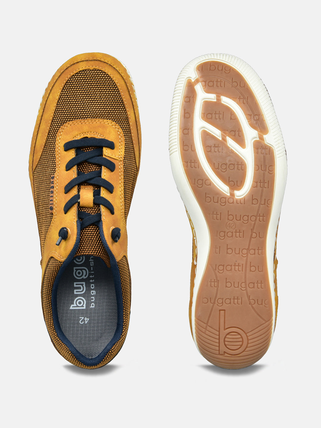 A yellow Men's bugatti Sneakers featuring a round plain toe, zero heels heel. Made from synthetic with a durable tpr outsole, this laces design offers both style and comfort.