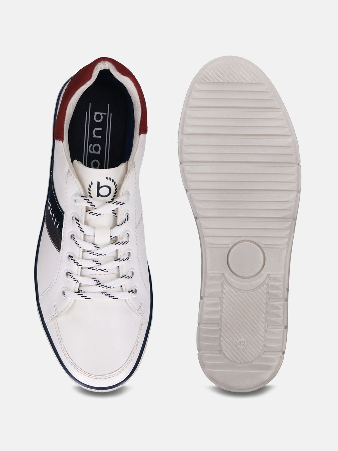 A white Men's bugatti Sneakers featuring a round plain toe, zero heels heel. Made from synthetic with a durable tpr outsole, this laces design offers both style and comfort.