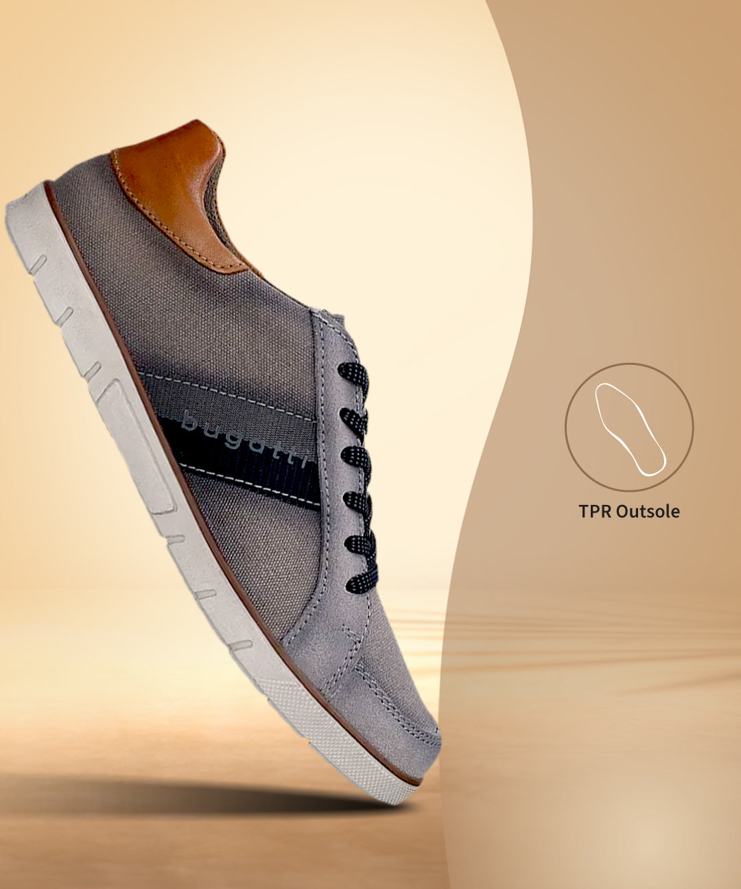 Side view of a bugatti PACIFIC grey sneaker, featuring canvas material, black laces, and a brown heel accent.