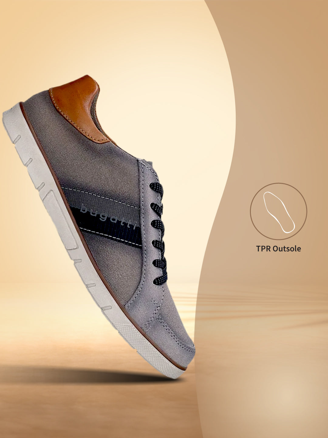 Side view of a bugatti PACIFIC grey sneaker, featuring canvas material, black laces, and a brown heel accent.