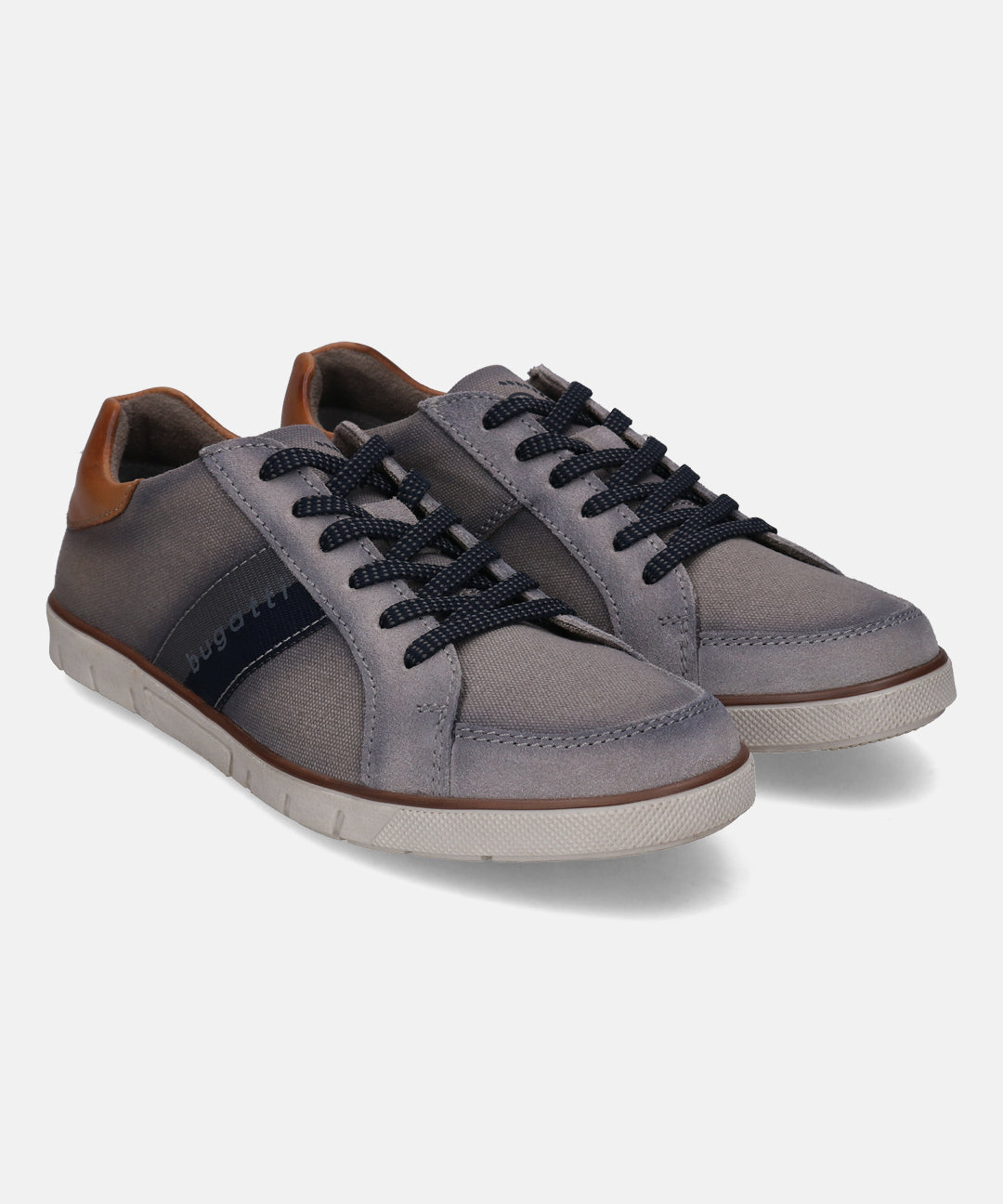 Grey low top sneakers by bugatti featuring dark laces and brown leather heel patch.