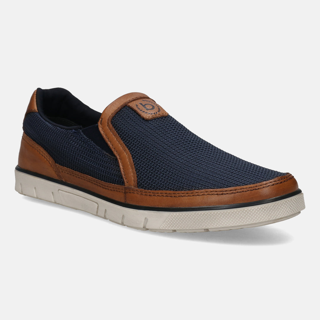 A blue Men's bugatti Loafers featuring a round toe apron toe, zero heels heel. Made from textile with a durable tpr outsole, this slip-on design offers both style and comfort.