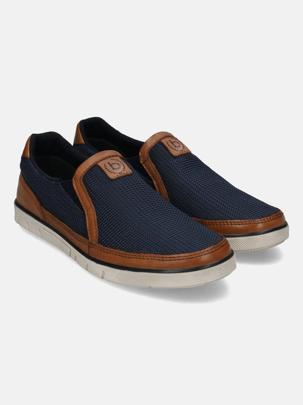 A blue Men's bugatti Loafers featuring a round toe apron toe, zero heels heel. Made from textile with a durable tpr outsole, this slip-on design offers both style and comfort.
