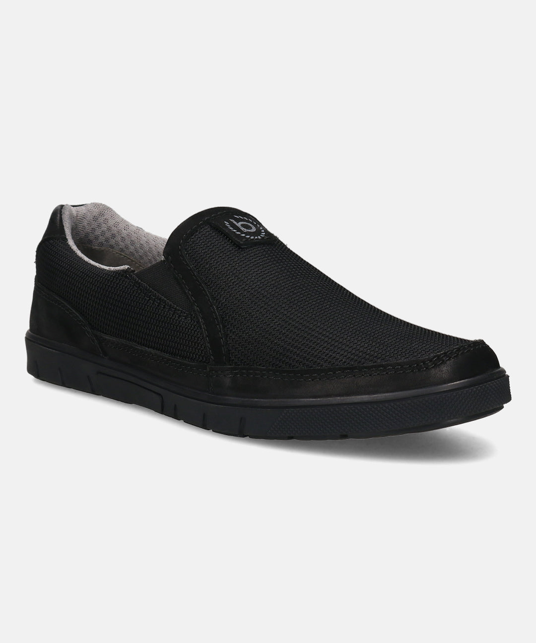 A black Men's bugatti Loafers featuring a round toe apron toe, zero heels heel. Made from textile with a durable tpr outsole, this slip-on design offers both style and comfort.