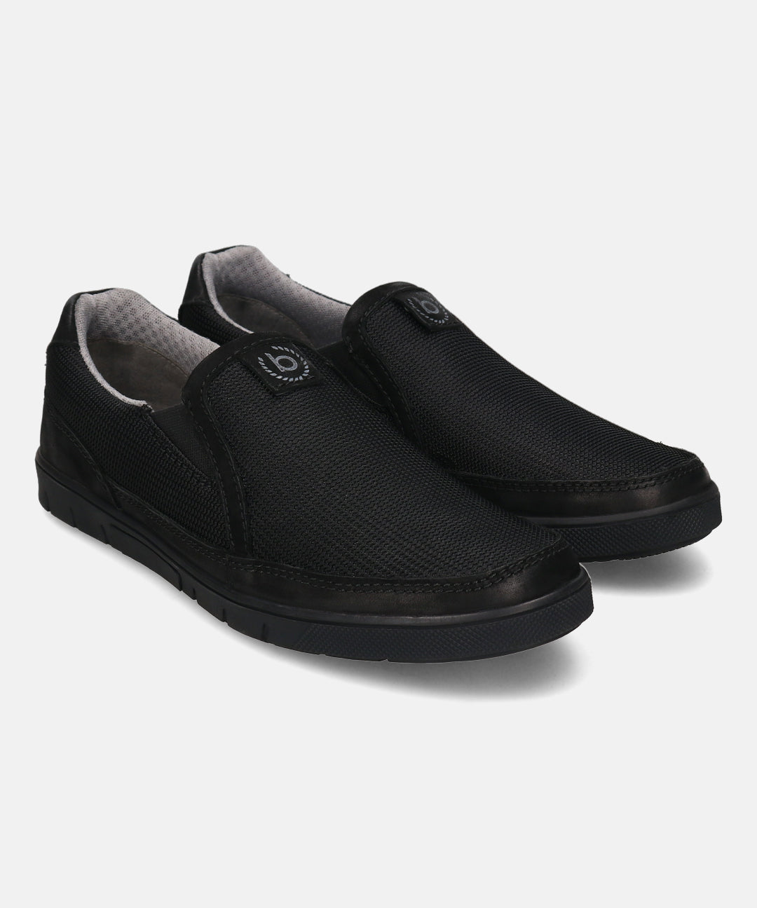 A black Men's bugatti Loafers featuring a round toe apron toe, zero heels heel. Made from textile with a durable tpr outsole, this slip-on design offers both style and comfort.