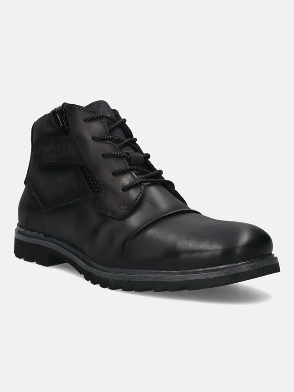 A grey Men's bugatti Ankle Boots featuring a round toe cap toe, stacked heel, and a wide fit. Made from premium genuine leather with a durable tr outsole, this laces design offers both style and comfort.
