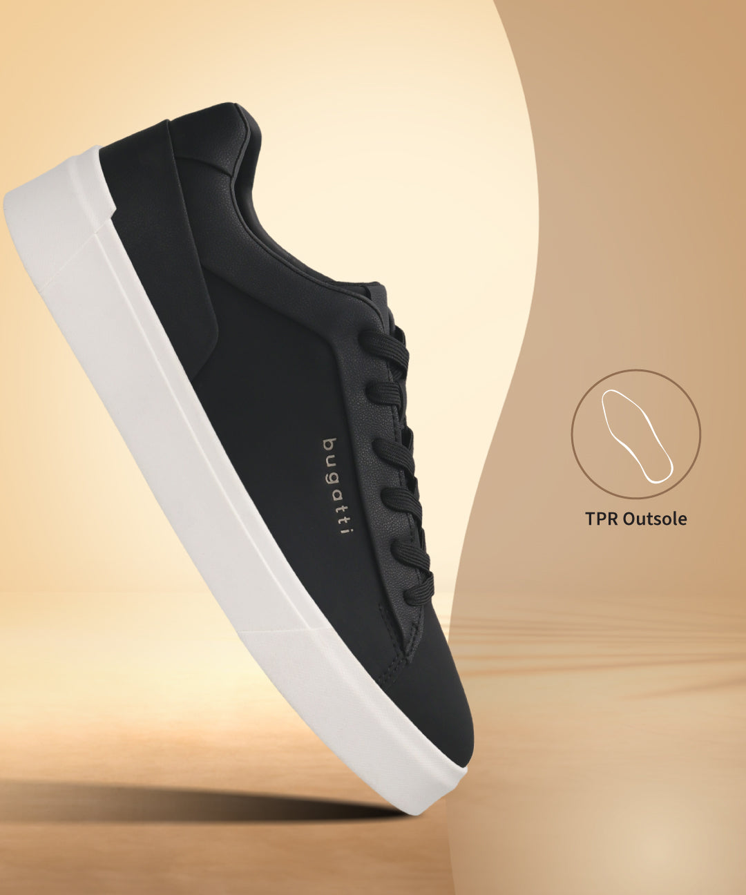 Side view of a black bugatti Gunter comfort sneaker with a white sole.
