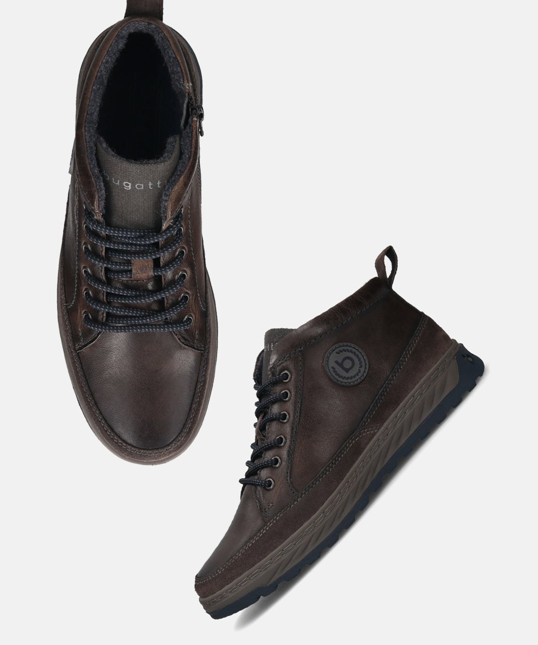 Bugatti Exeter high-top sneakers in dark grey leather with lace-up closure and side zip.
