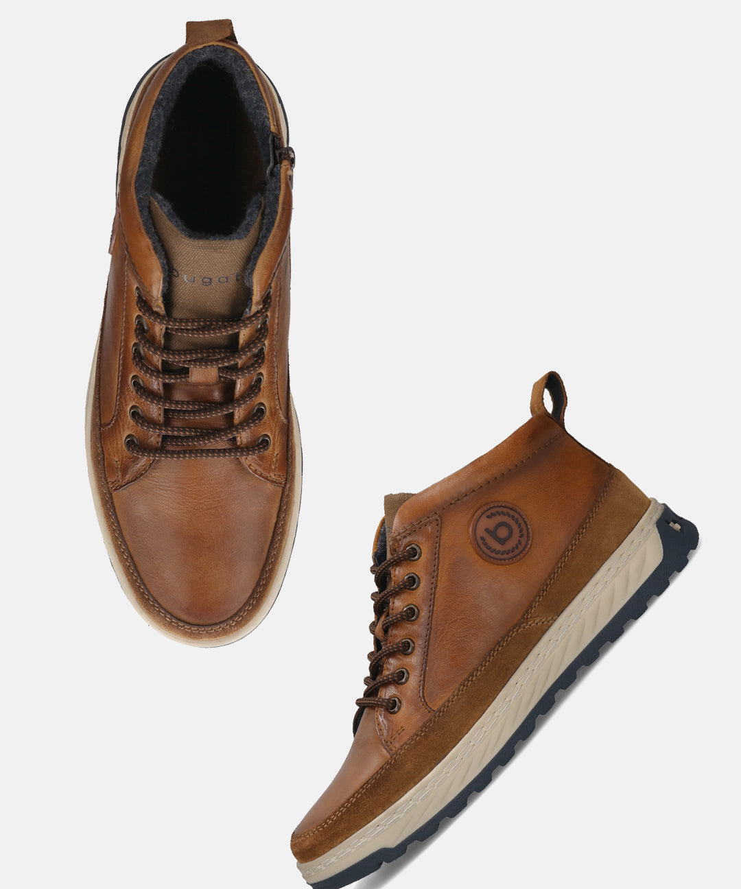 Bugatti Exeter high-top sneakers in cognac premium leather with laces and a cushioned sole.
