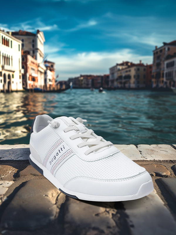 A white Men's bugatti Sneakers featuring a round plain toe, zero heels heel. Made from synthetic with a durable tpr outsole, this laces design offers both style and comfort.