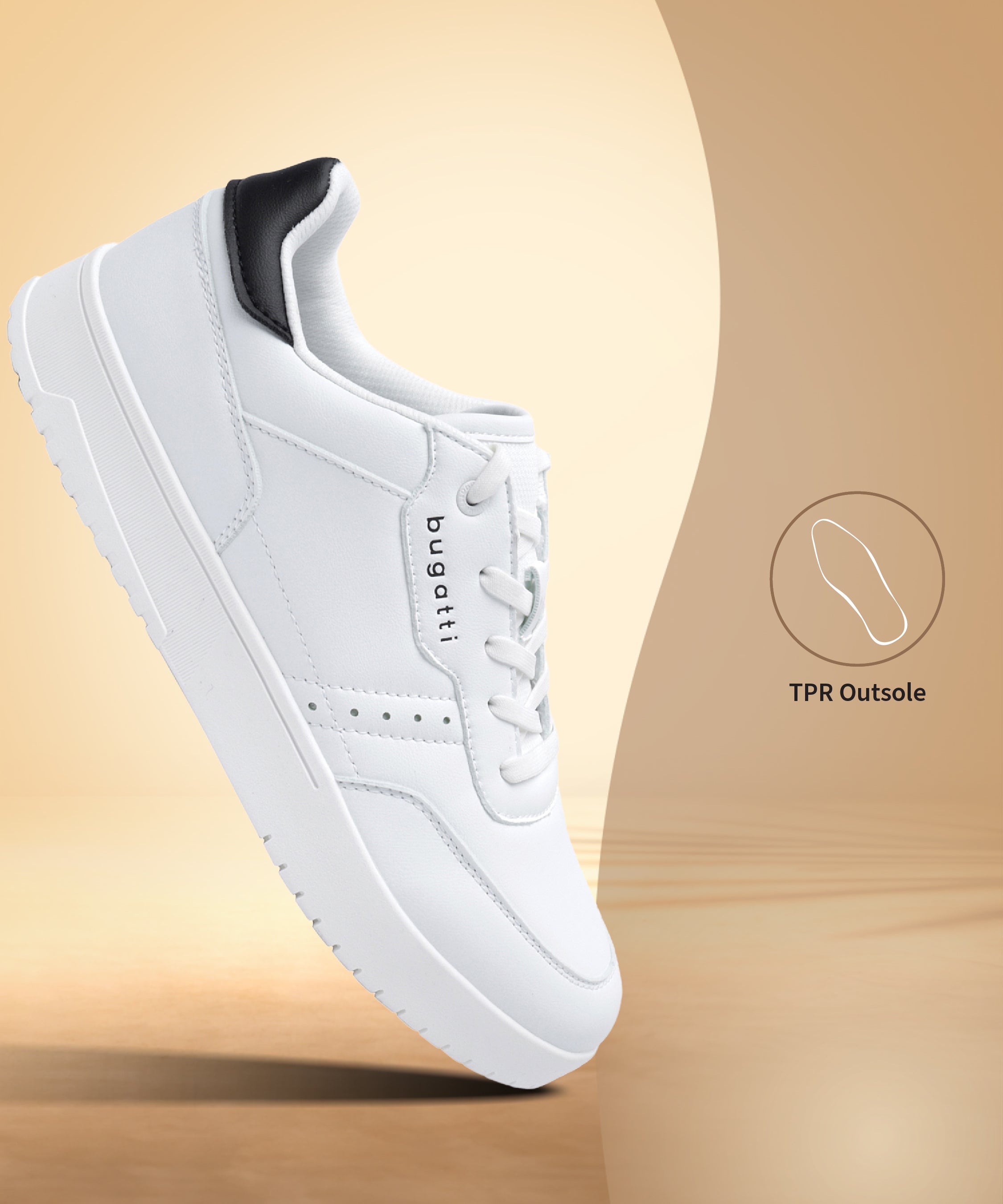 bugatti Helium white comfort sneaker with black heel detail, shown at an angle.

