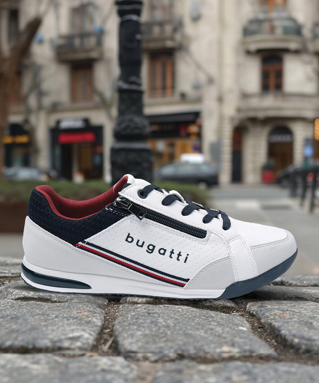 A white Men's bugatti Sneakers featuring a round plain toe, zero heels heel. Made from synthetic with a durable tpr outsole, this zipper design offers both style and comfort.