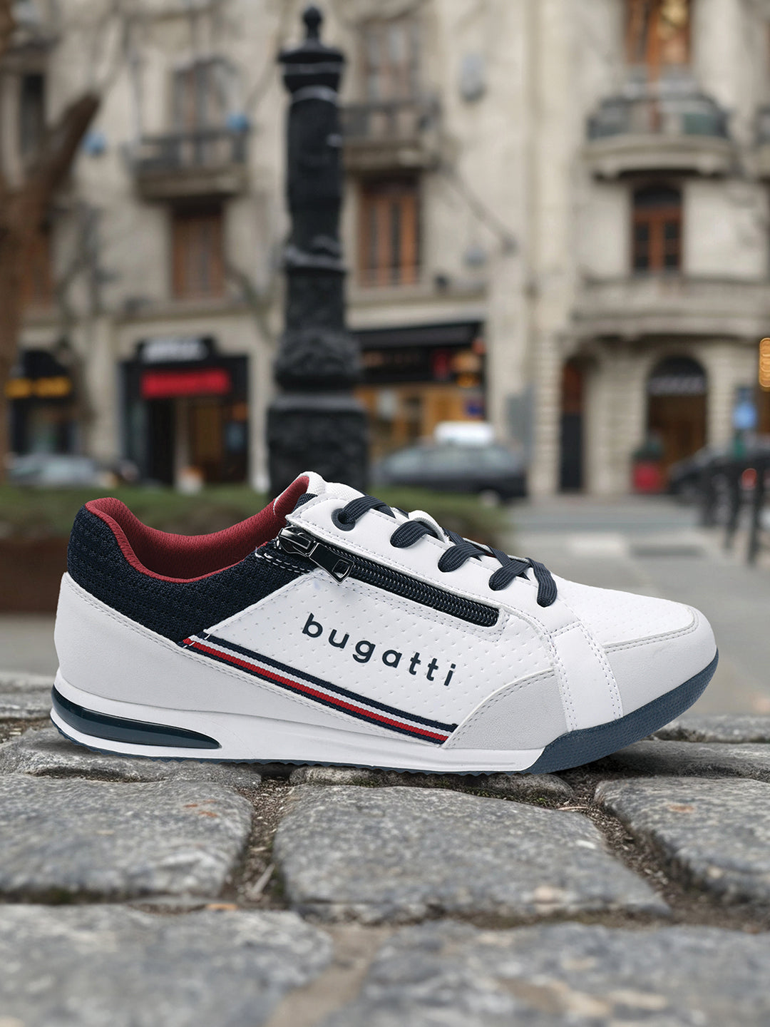 A white Men's bugatti Sneakers featuring a round plain toe, zero heels heel. Made from synthetic with a durable tpr outsole, this zipper design offers both style and comfort.