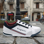 A white Men's bugatti Sneakers featuring a round plain toe, zero heels heel. Made from synthetic with a durable tpr outsole, this zipper design offers both style and comfort.