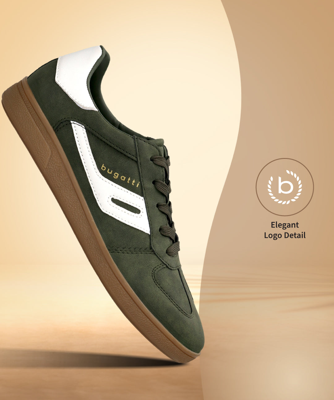 Side view of a dark green bugatti Carmelo Comfort Sneakers with white accents and brown soles.
