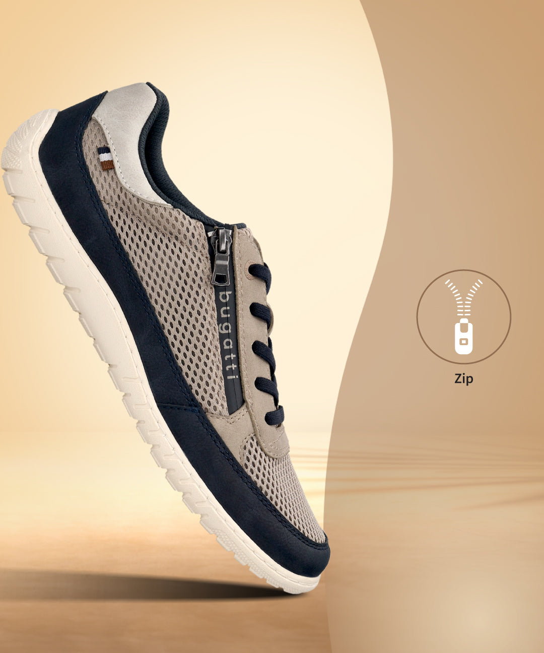 Side view of a bugatti Bermudas taupe comfort sneaker featuring a side zipper and a navy trim.
