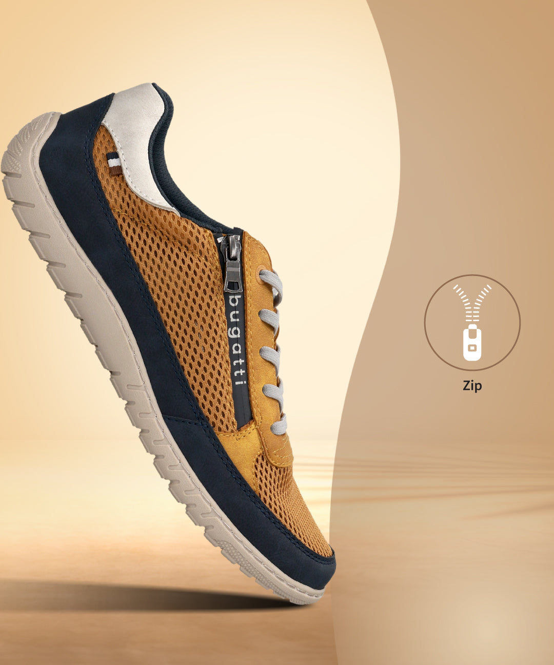 Side view of a bugatti Bermudas yellow Comfort sneaker, featuring a gold mesh upper, navy trim, and a side zipper.
