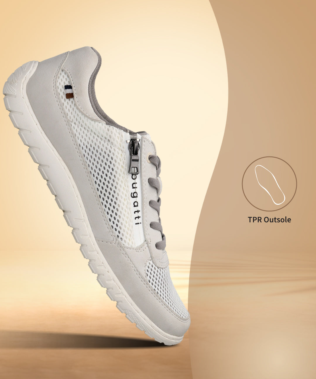 Side view of a white bugatti sneaker with a mesh upper, a zipper detail, and gray laces.
