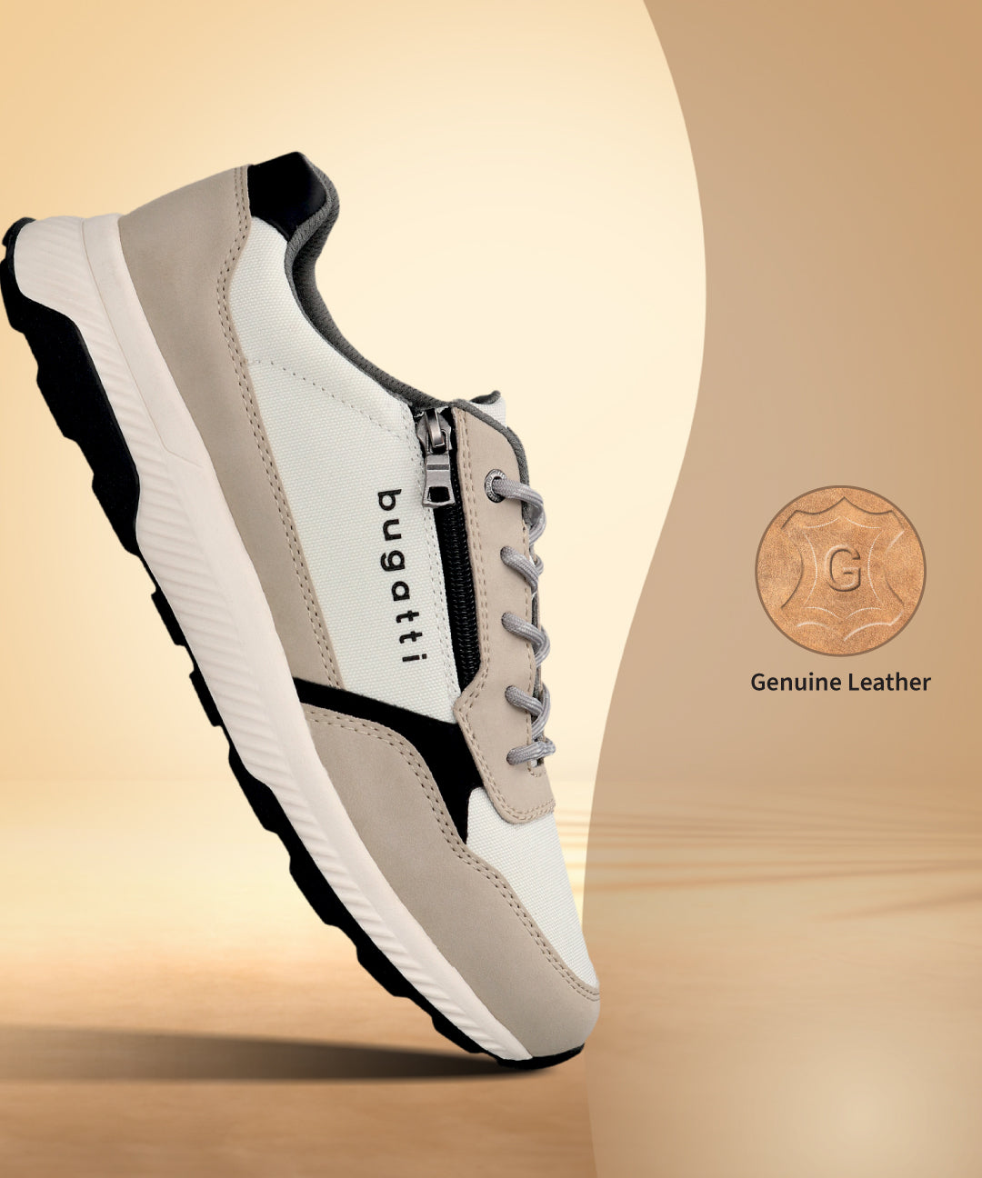 bugatti Jerit beige comfort sneaker with a side zipper, laces, and black outsole.