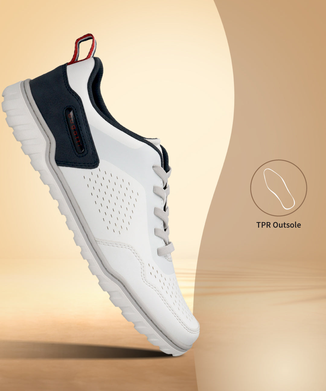 Side view of a white bugatti Samana sneaker with perforated leather, navy heel, gray laces, and a ridged sole.
