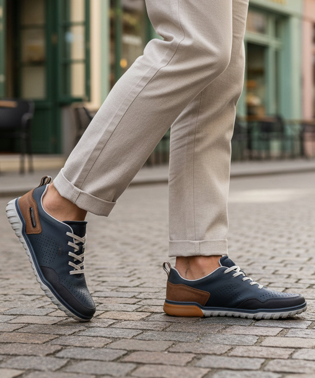 Lifestyle shot of bugatti Samana dark blue sneakers, with brown accents and a perforated upper, paired with tan trousers.
