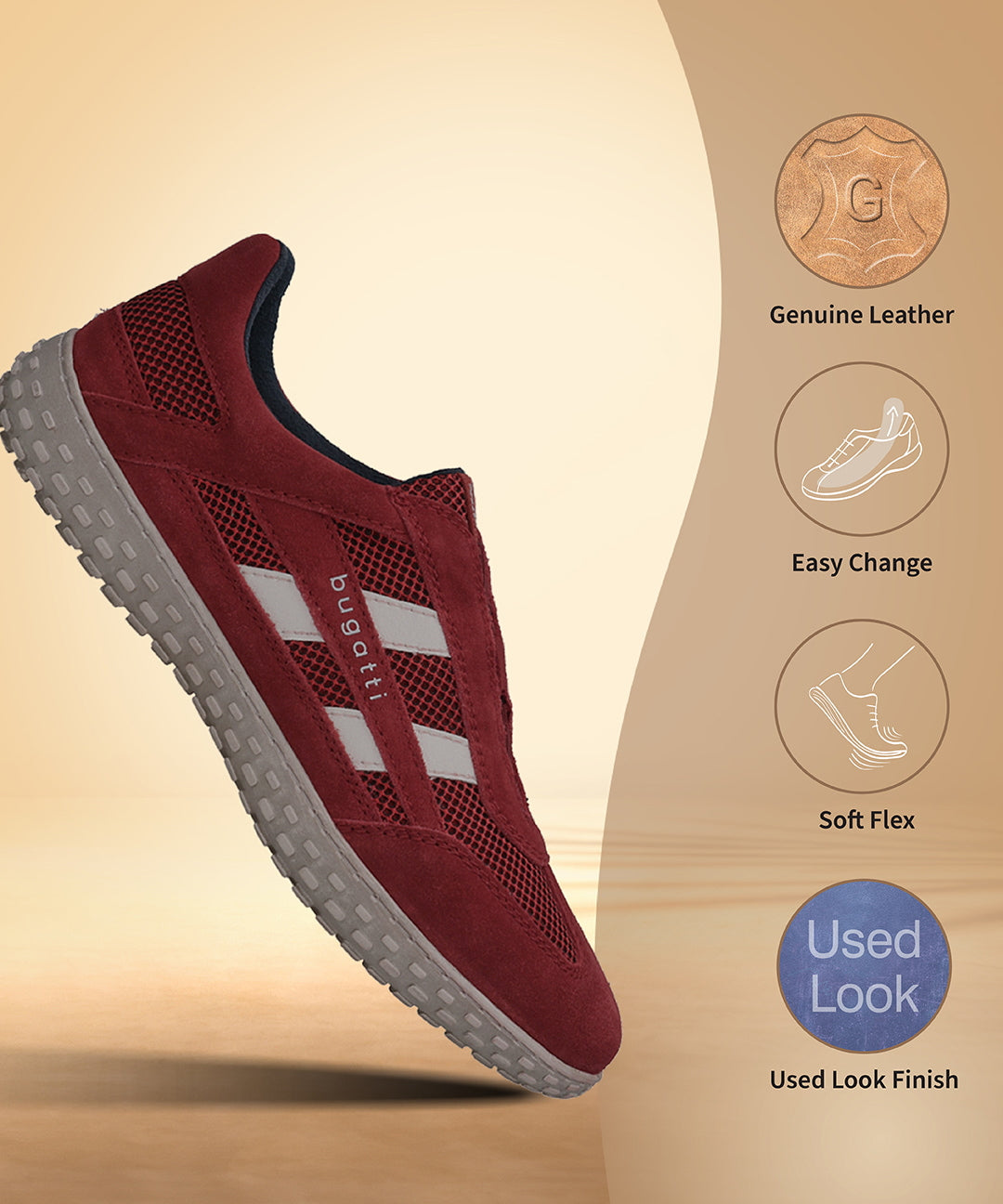 Men's Bugatti lifestyle red leather shoes with a round toe , a rubber outsole.