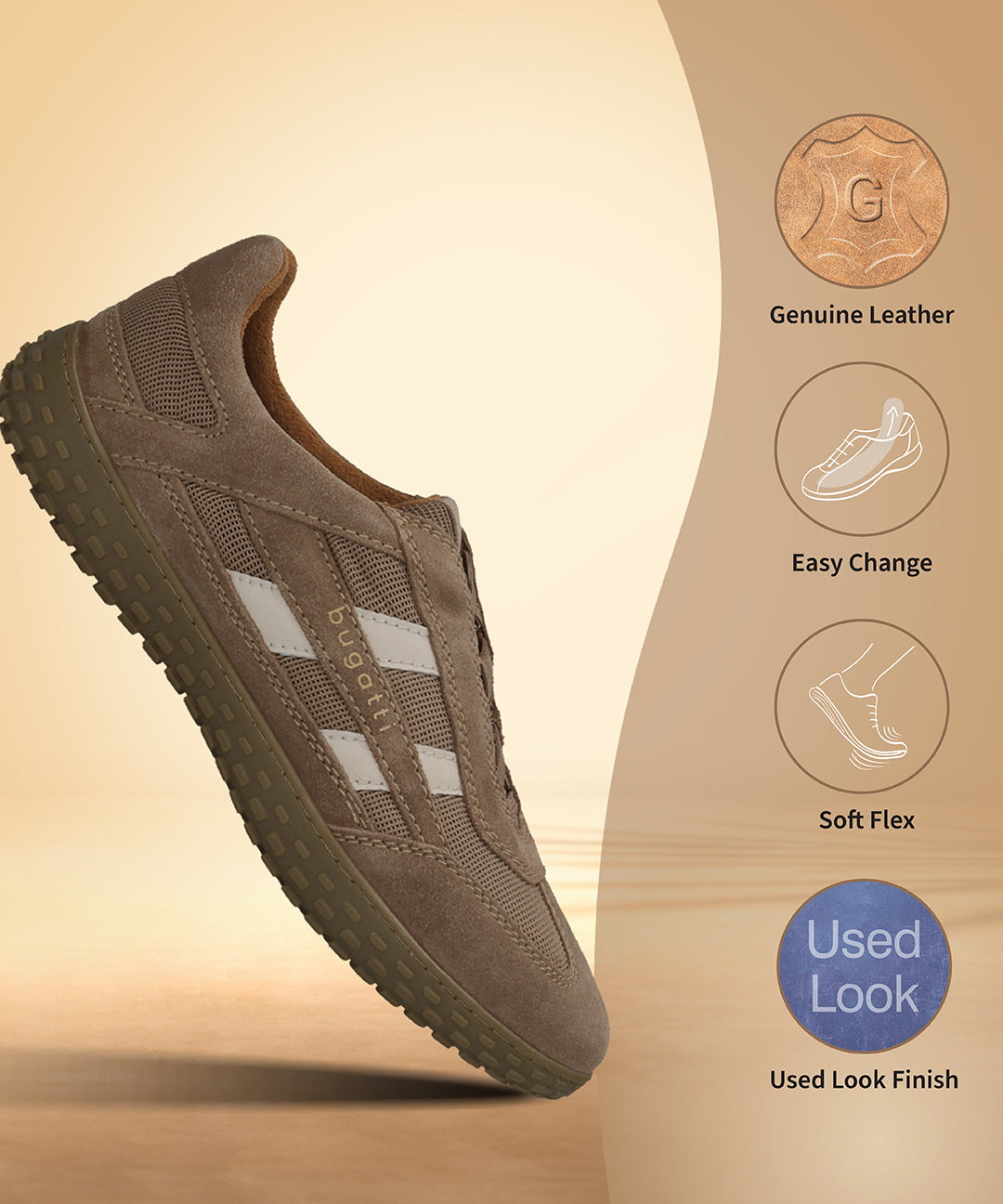Men's Bugatti lifestyle beige leather shoes with a round toe , a rubber outsole.