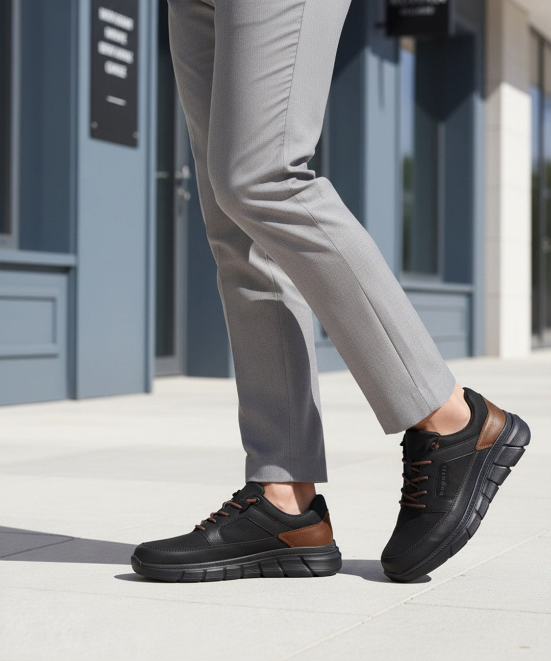 Person wearing Bugatti Anaheim Black Comfort Sneakers on a city street.