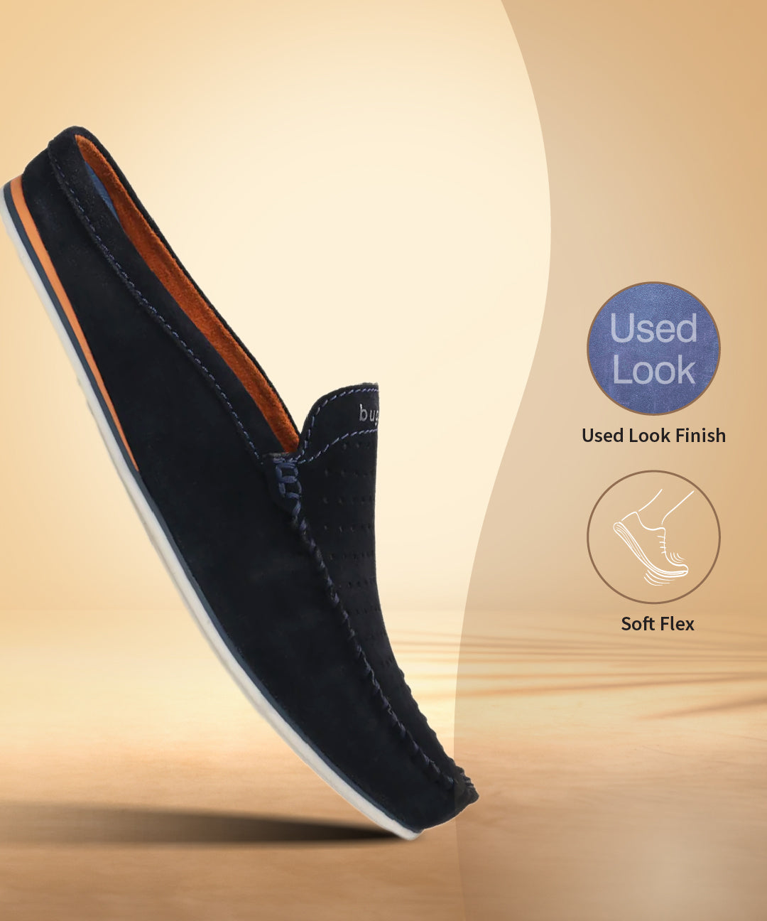 A blue Men's bugatti Mules featuring a square toe apron toe, zero heels heel. Made from premium genuine leather with a durable tpr outsole, this slip-on design offers both style and comfort.