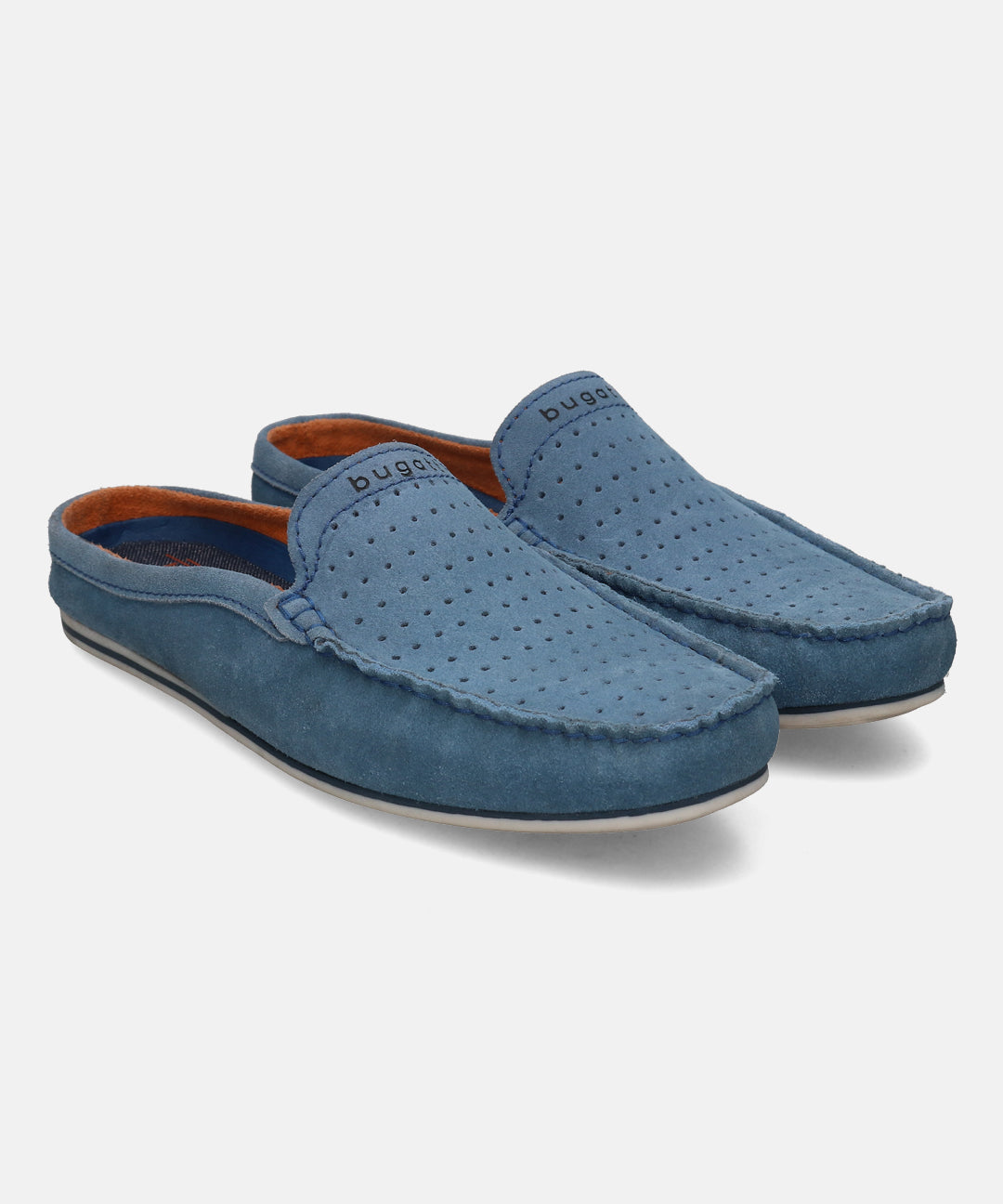 A blue Men's bugatti Mules featuring a round plain toe, zero heels heel. Made from suede leather with a durable tpr outsole, this slip-on design offers both style and comfort.