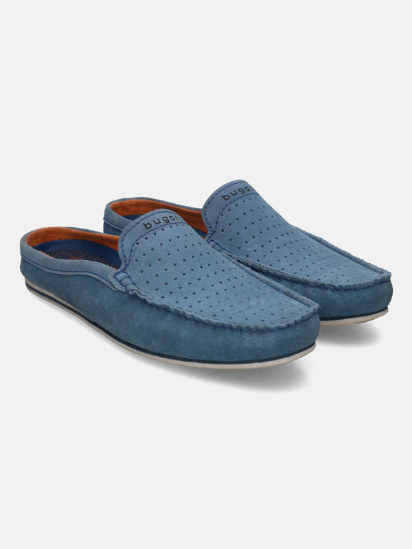 A blue Men's bugatti Mules featuring a round plain toe, zero heels heel. Made from suede leather with a durable tpr outsole, this slip-on design offers both style and comfort.
