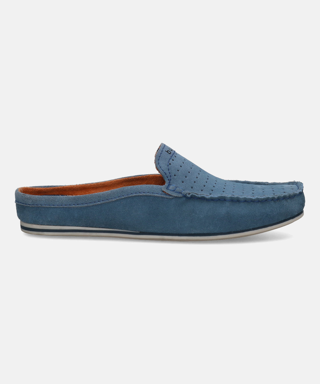 A blue Men's bugatti Mules featuring a round plain toe, zero heels heel. Made from suede leather with a durable tpr outsole, this slip-on design offers both style and comfort.