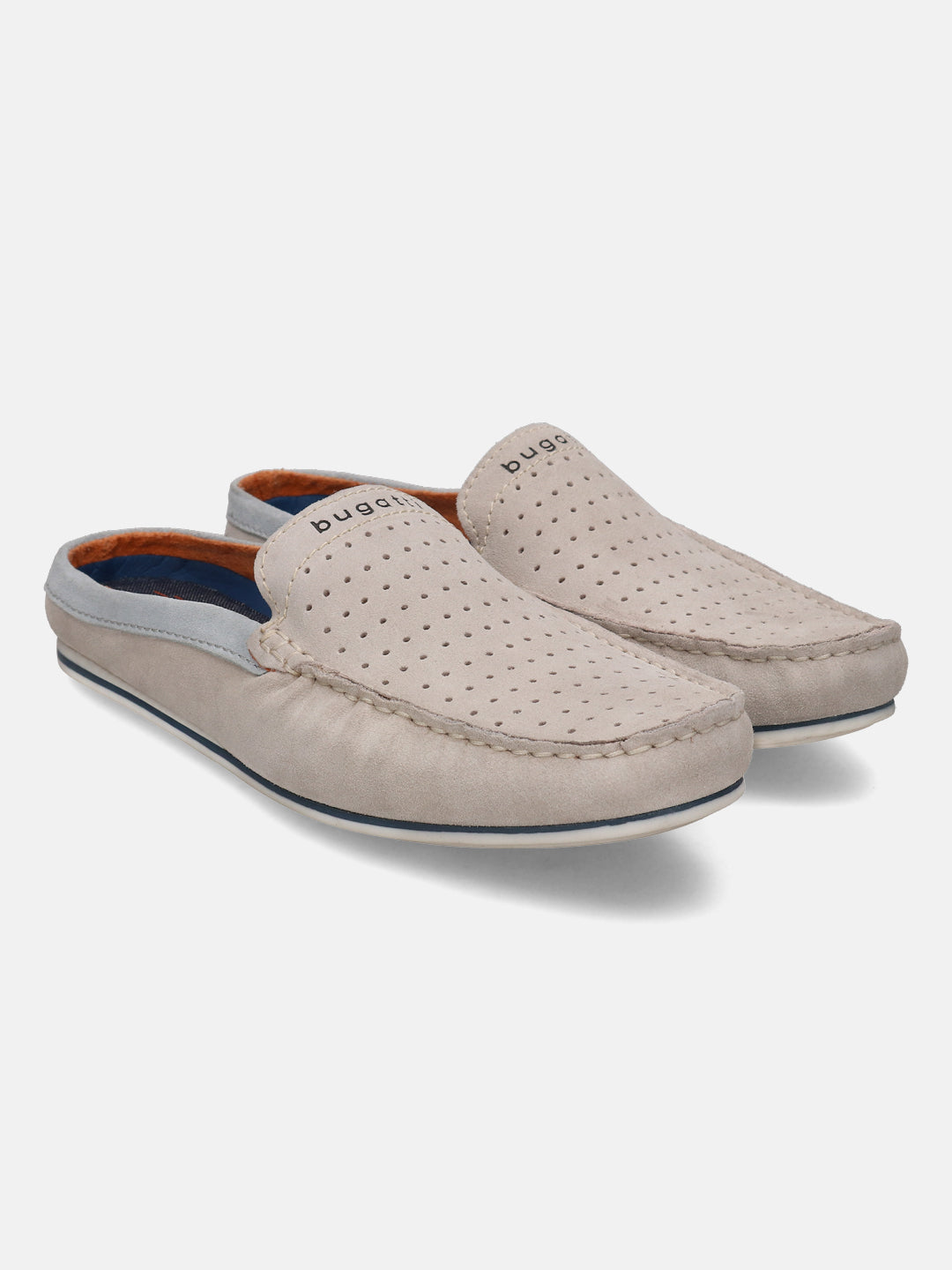 A white Men's bugatti Mules featuring a round plain toe, zero heels heel. Made from suede leather with a durable tpr outsole, this slip-on design offers both style and comfort.