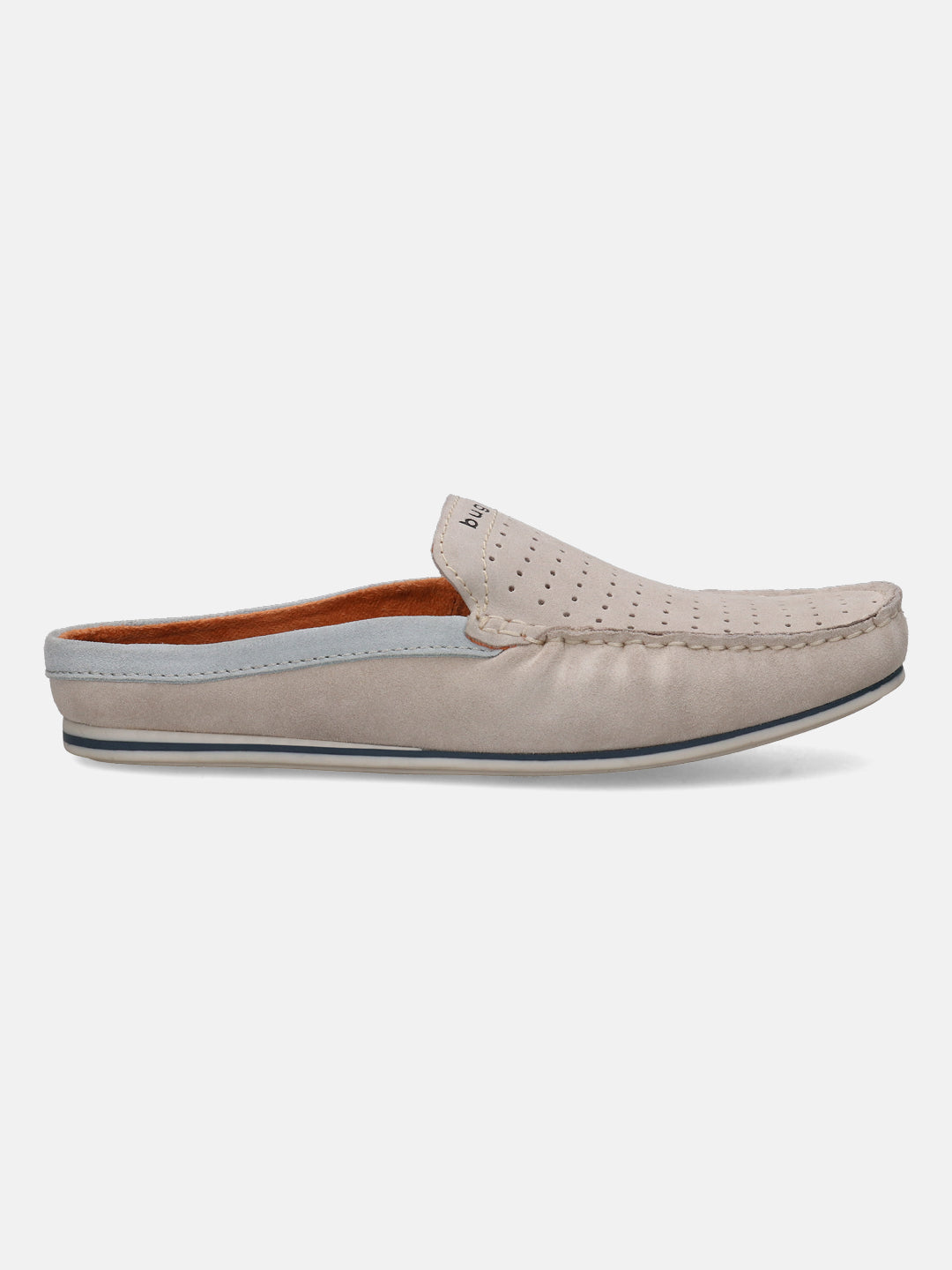 A white Men's bugatti Mules featuring a round plain toe, zero heels heel. Made from suede leather with a durable tpr outsole, this slip-on design offers both style and comfort.