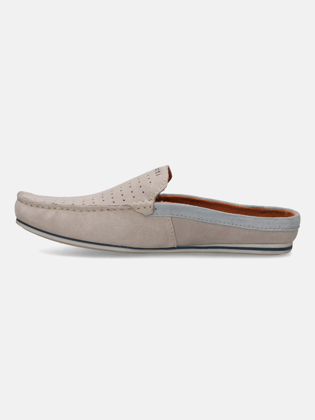 A white Men's bugatti Mules featuring a round plain toe, zero heels heel. Made from suede leather with a durable tpr outsole, this slip-on design offers both style and comfort.