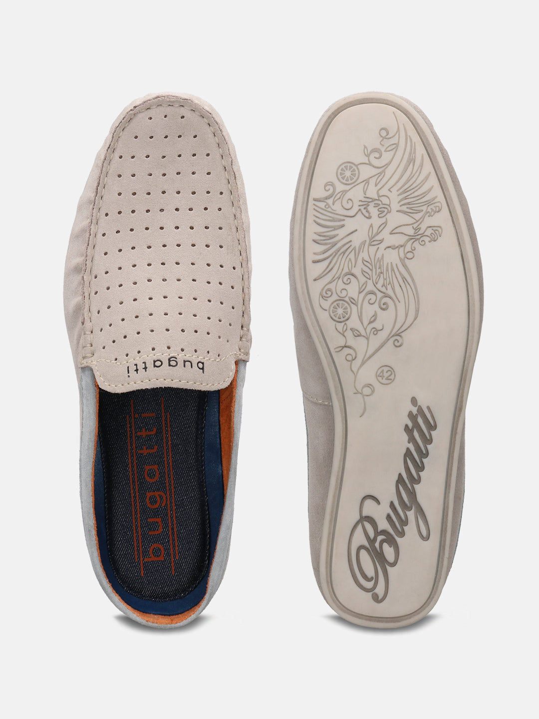 A white Men's bugatti Mules featuring a round plain toe, zero heels heel. Made from suede leather with a durable tpr outsole, this slip-on design offers both style and comfort.