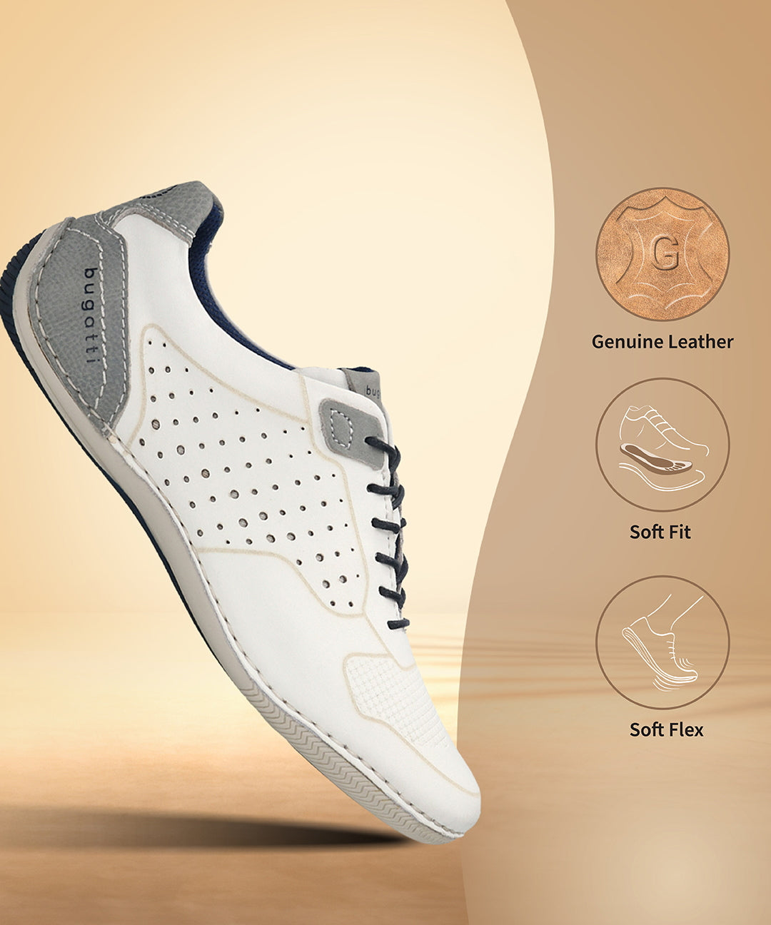 Men's Bugatti stitched white leather shoes with a round toe , a tpr outsole , and laces fastening.