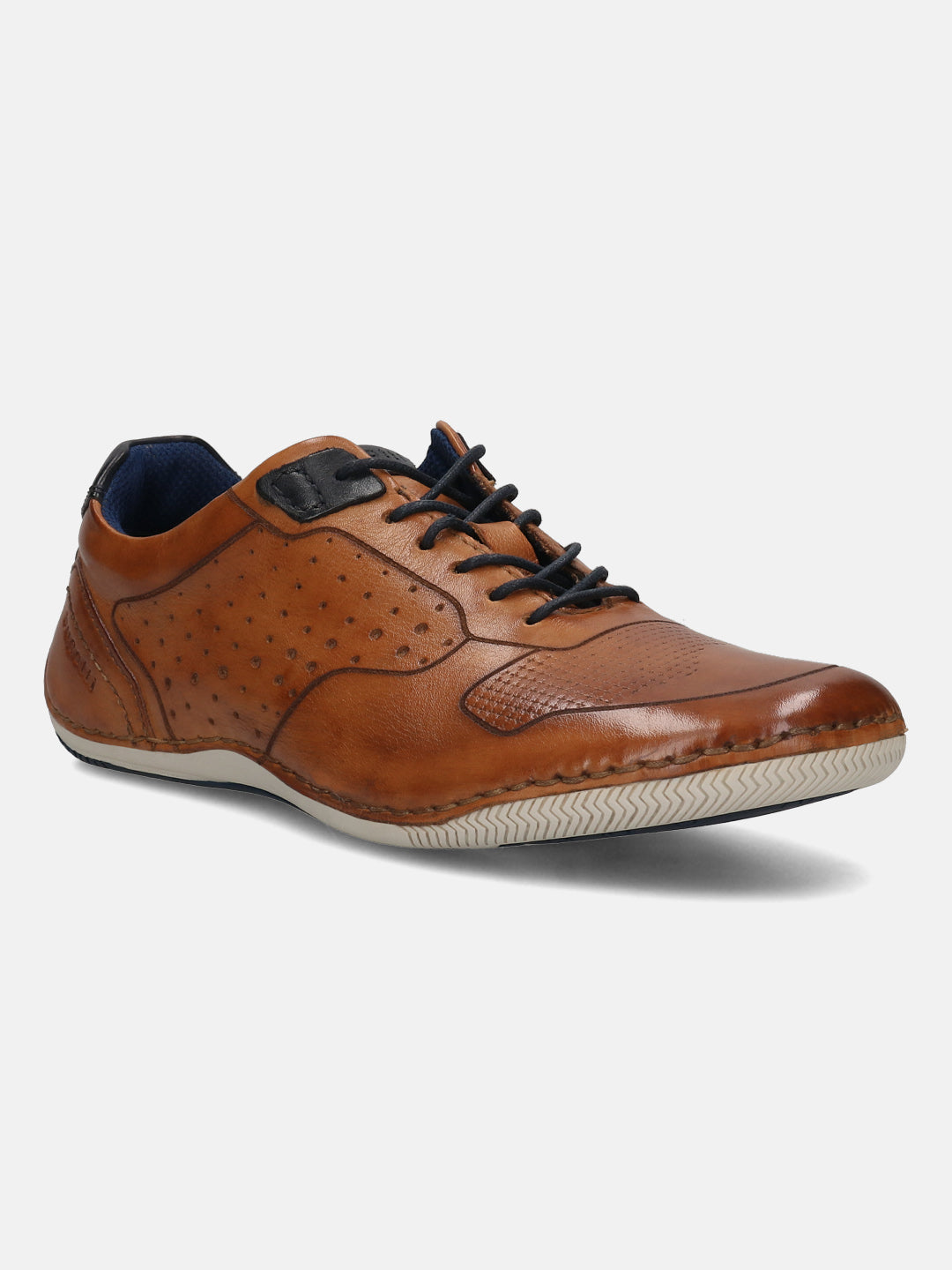 Men's Bugatti stitched cognac leather shoes with a round toe , a tpr outsole , and laces fastening.