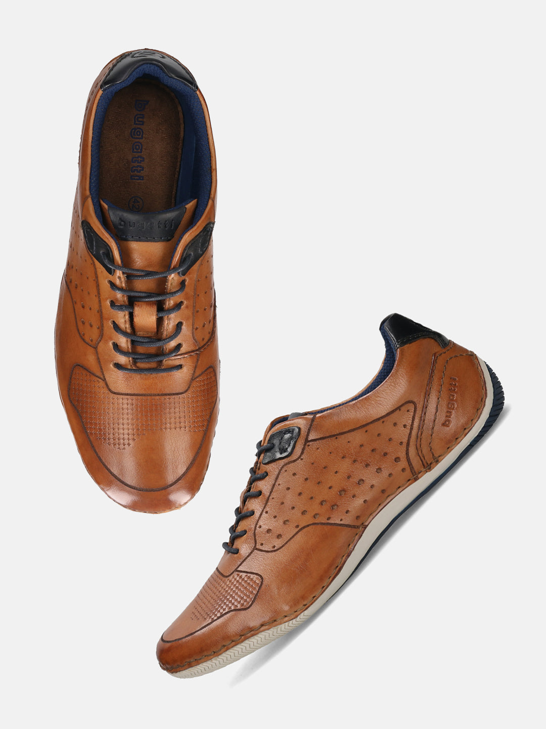 Men's Bugatti stitched cognac leather shoes with a round toe , a tpr outsole , and laces fastening.