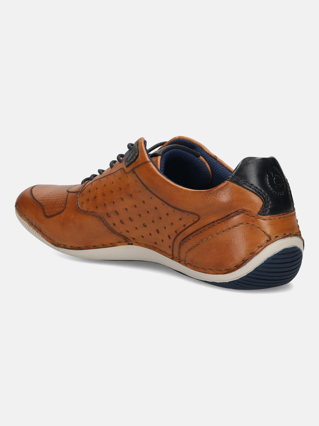 Men's Bugatti stitched cognac leather shoes with a round toe , a tpr outsole , and laces fastening.
