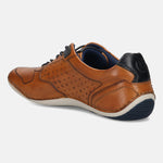 Men's Bugatti stitched cognac leather shoes with a round toe , a tpr outsole , and laces fastening.