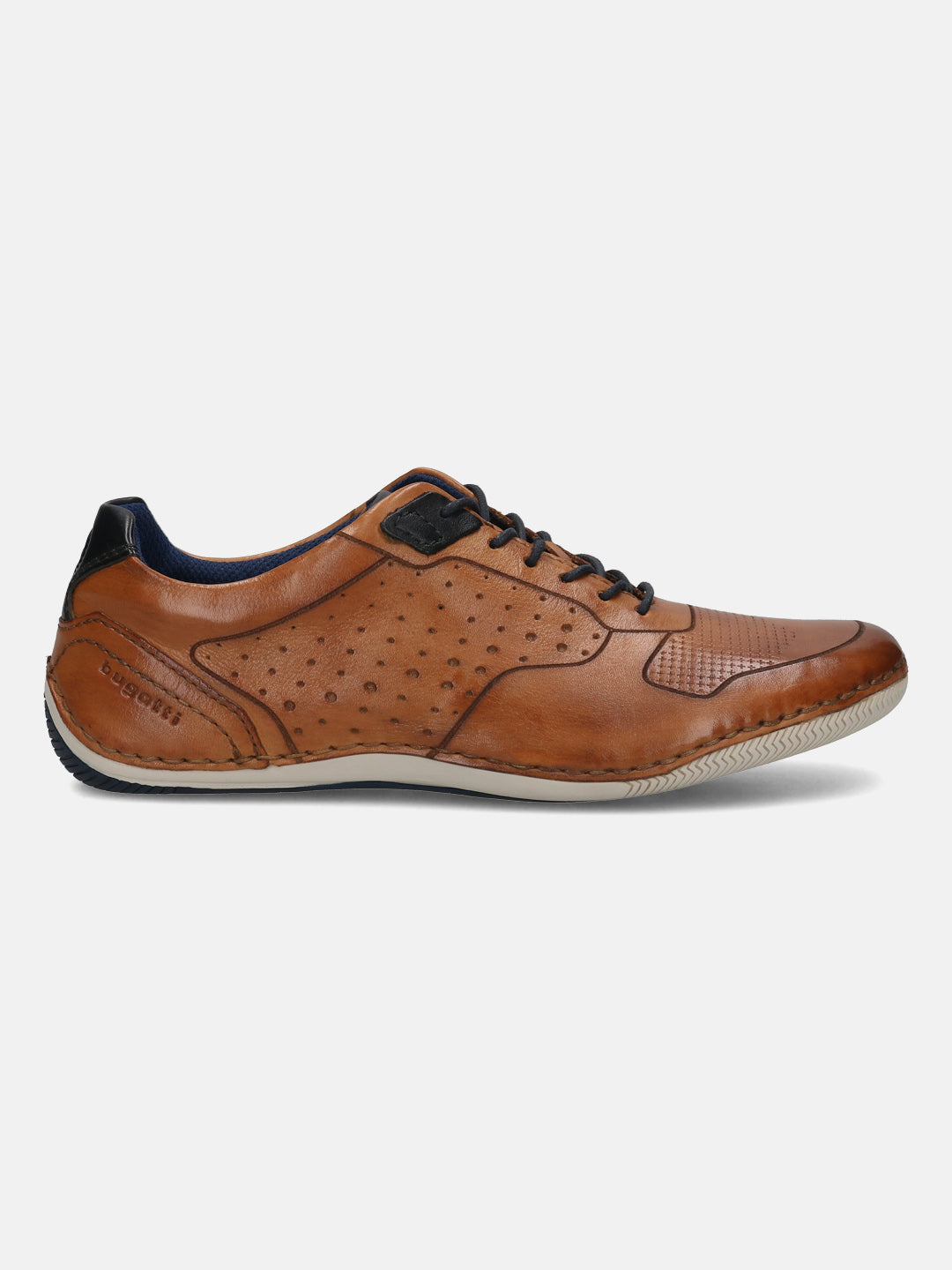 Men's Bugatti stitched cognac leather shoes with a round toe , a tpr outsole , and laces fastening.