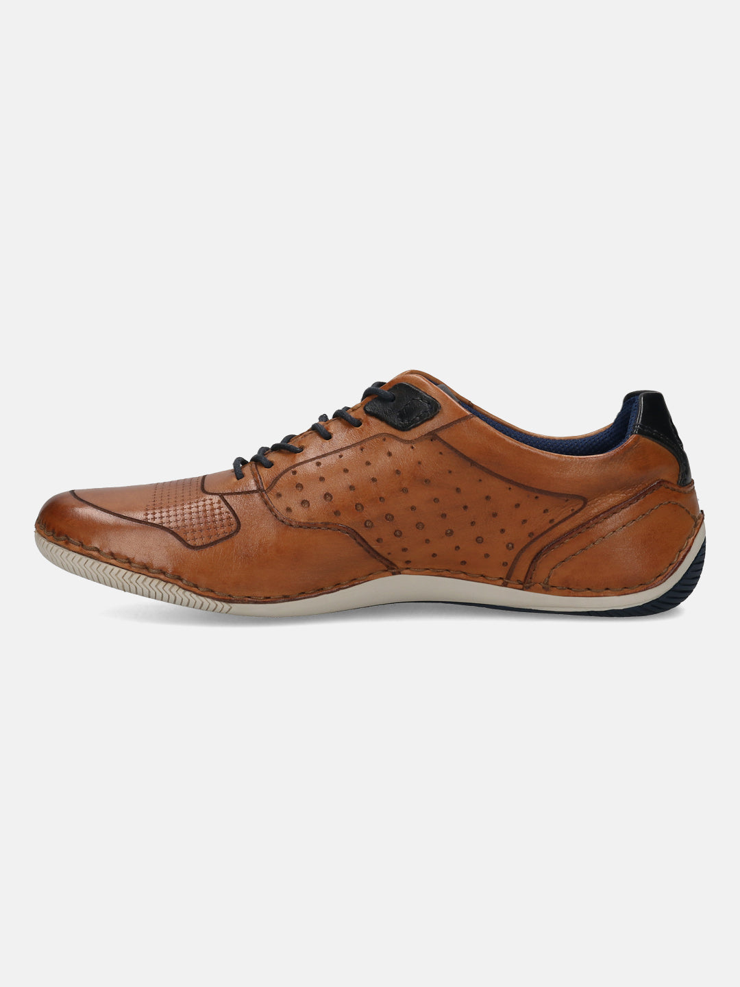 Men's Bugatti stitched cognac leather shoes with a round toe , a tpr outsole , and laces fastening.