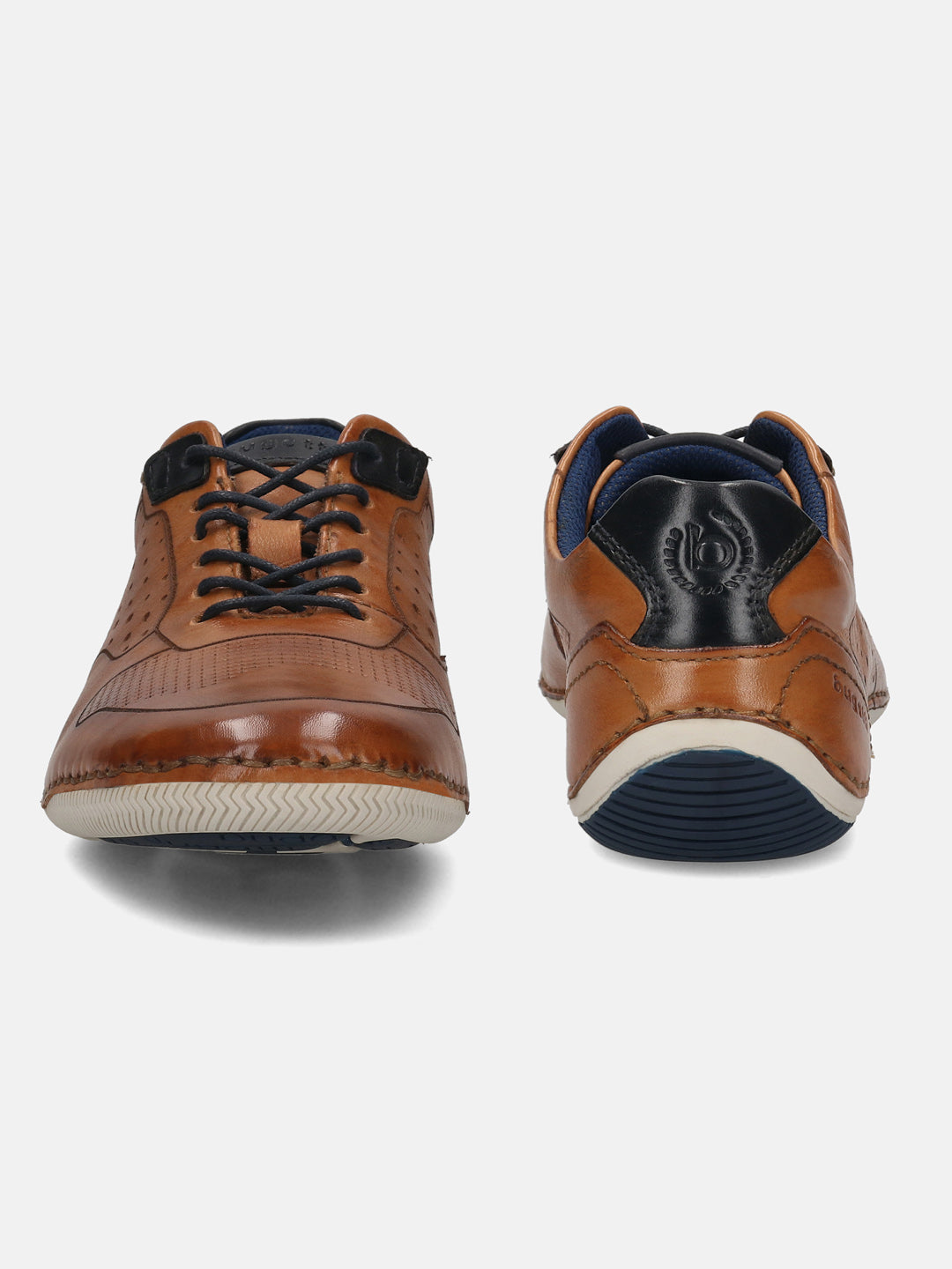 Men's Bugatti stitched cognac leather shoes with a round toe , a tpr outsole , and laces fastening.