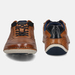 Men's Bugatti stitched cognac leather shoes with a round toe , a tpr outsole , and laces fastening.