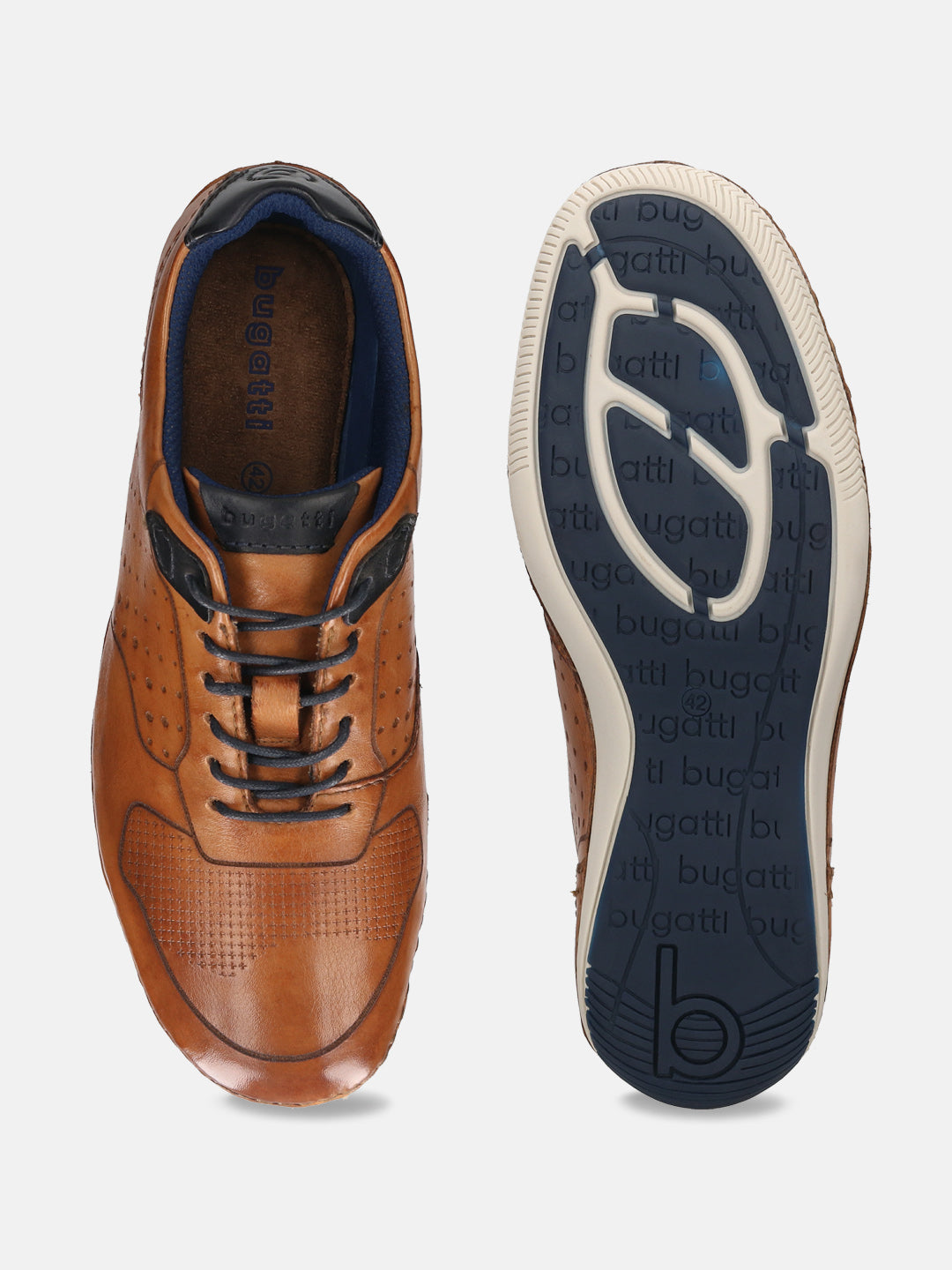 Men's Bugatti stitched cognac leather shoes with a round toe , a tpr outsole , and laces fastening.