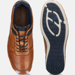 Men's Bugatti stitched cognac leather shoes with a round toe , a tpr outsole , and laces fastening.