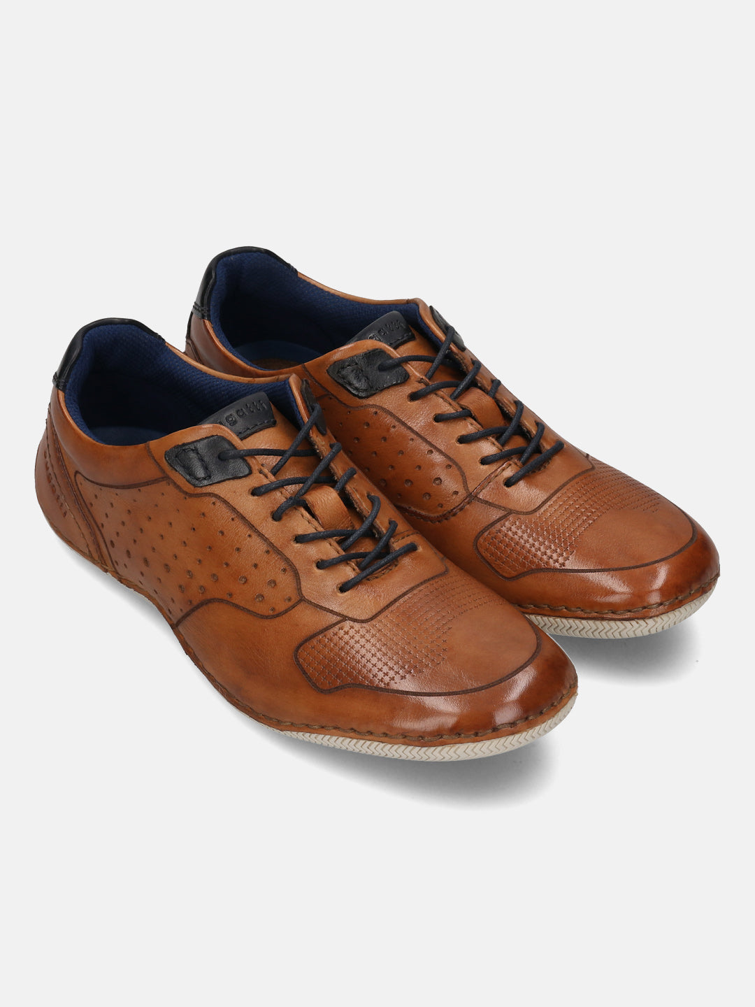 Men's Bugatti stitched cognac leather shoes with a round toe , a tpr outsole , and laces fastening.
