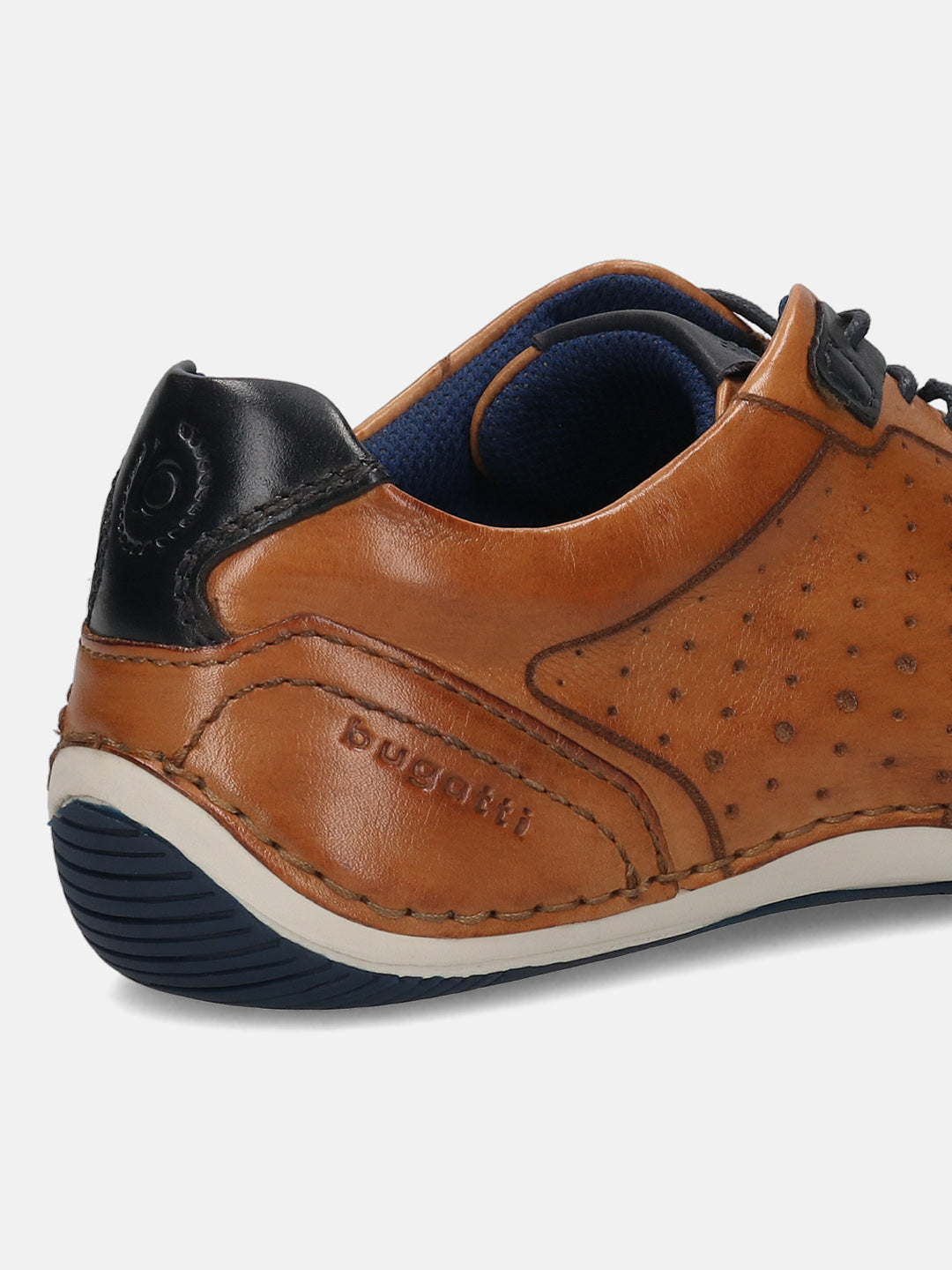 Men's Bugatti stitched cognac leather shoes with a round toe , a tpr outsole , and laces fastening.